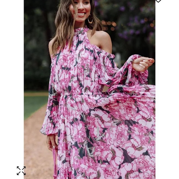 Petal and Pup Floral Hilary Pleated Maxi Cold Shoulder Long Sleeve Dress L - Picture 2 of 6
